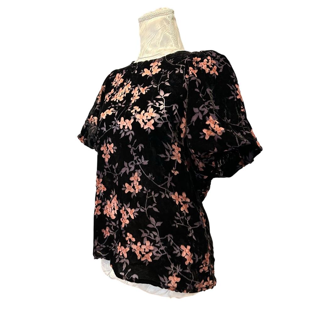 Black Floral Burnout Velvet Top Sheer Panel Flutter Sleeve Dark Romantic S - Picture 15 of 16